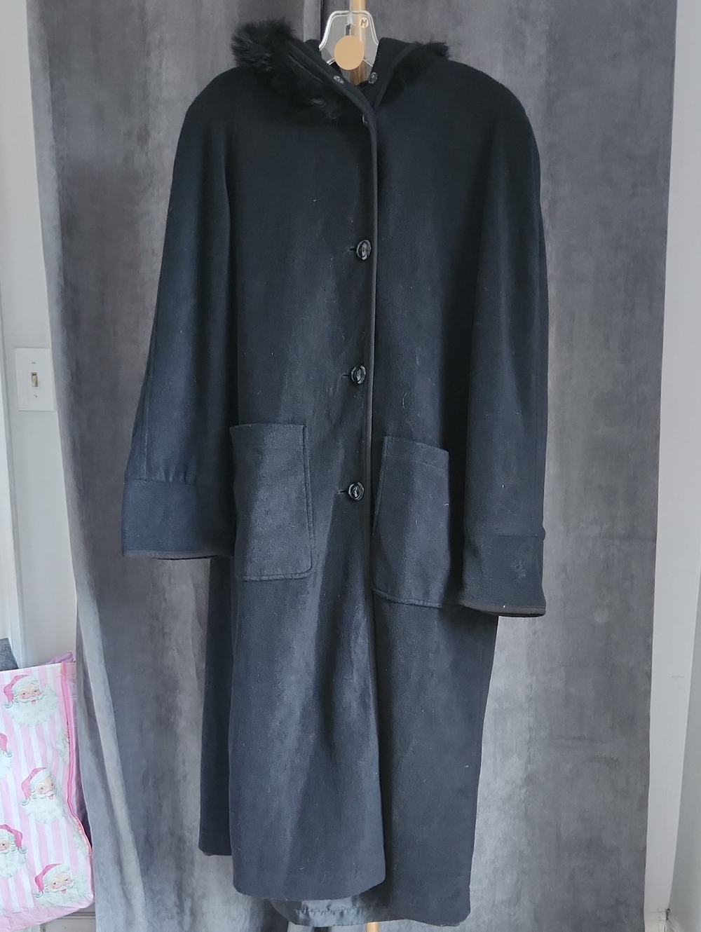 London Fog Black Hooded Wool Trench Coat with Fur Trim